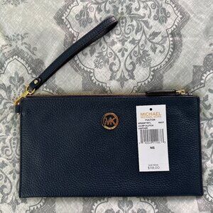 NWT Michael Kors Fulton Large Leather Clutch Navy Blue‎